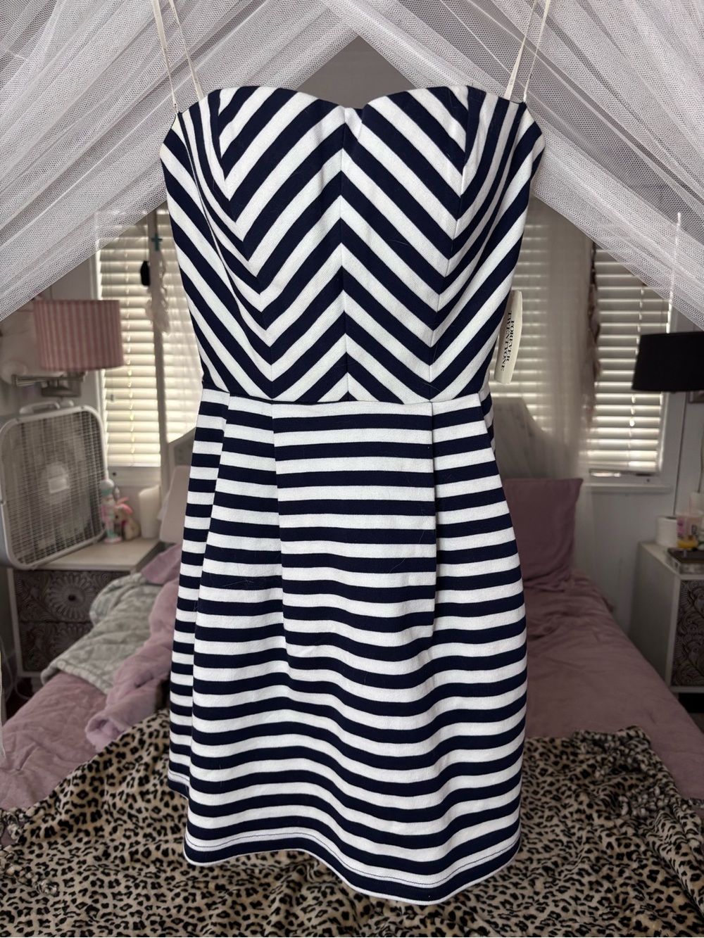 Forever 21 Navy and White Strapless Chevron-Striped Dress